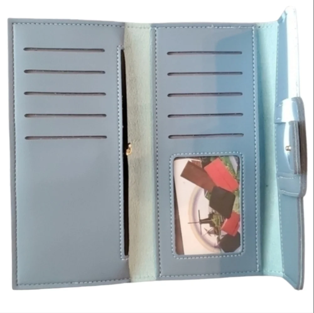 Women's Light Blue Faux‎ Leather Long Leather Wallet Clutch